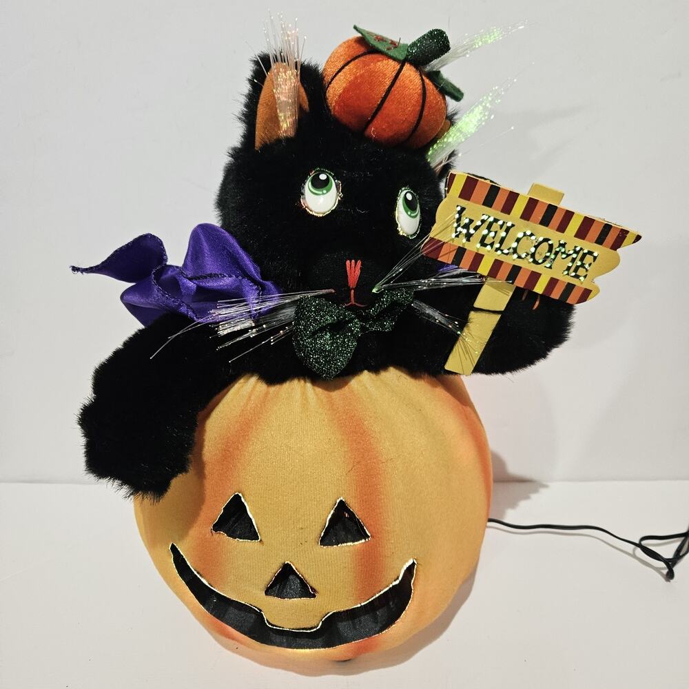 VNTG 2005 14" Fiber Optic Black Cat In Pumpkin Halloween Jack O Lantern Welcome